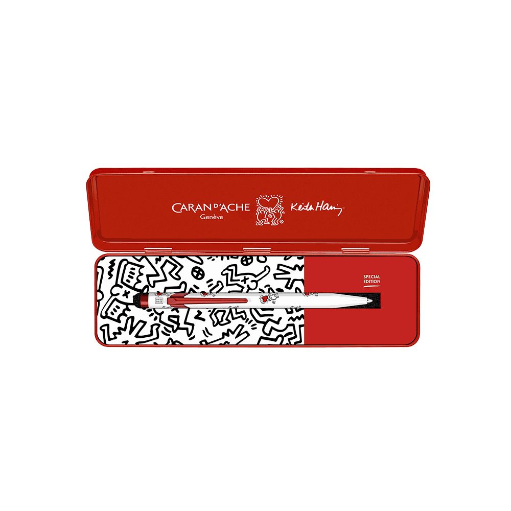 White Metallic Ball pen in Metal box CDA KEITH HARING Black ink 1.00mm